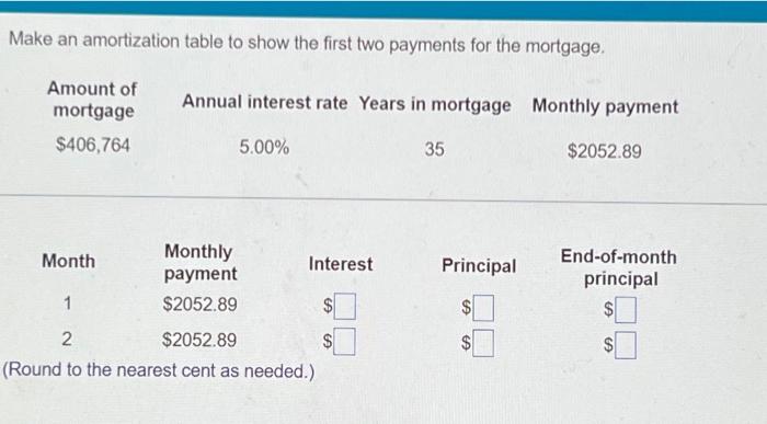  Make an amortization table to show the first two payments for