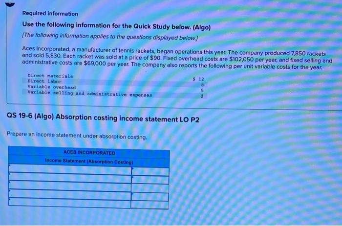  Required information Use the following information for the Quick Study below.