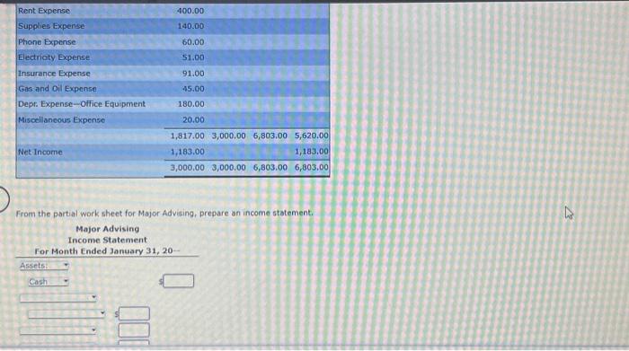 Income Statement The partial work sheet for the month ended January 31,20-for