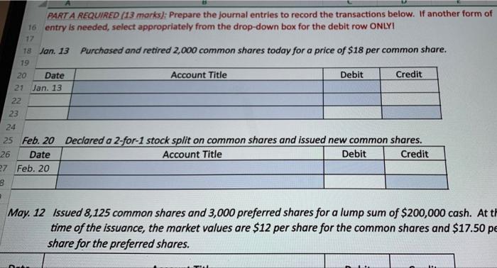 marks) All answers must be completed in Excel using the blue boxes