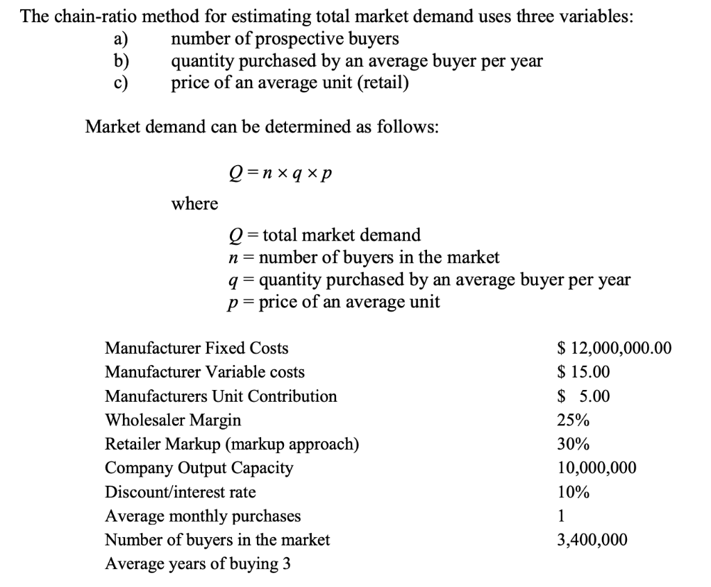  The chain-ratio method for estimating total market demand uses three variables: