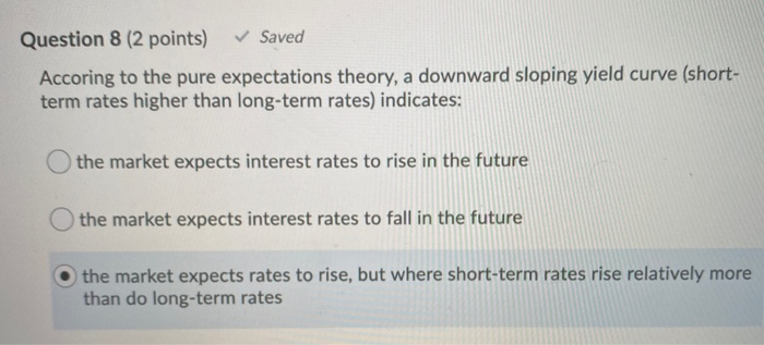  Question 8 (2 points) Saved Accoring to the pure expectations theory,