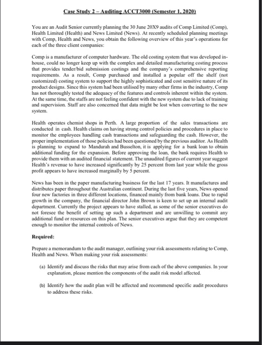  Case Study 2 - Auditing ACCT3000 (Semester 1.2020) You are an