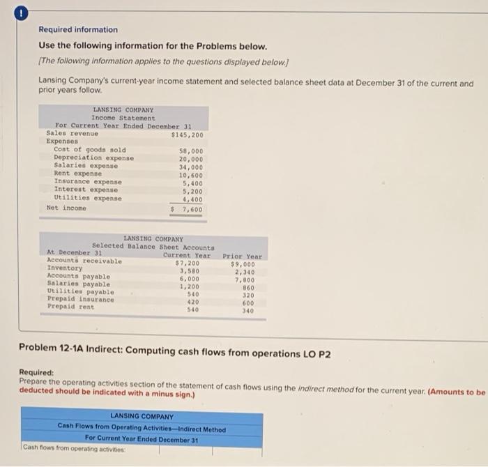  Required information Use the following information for the Problems below. (The