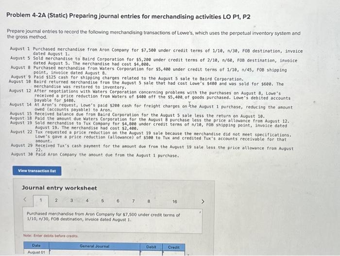 Problem 4-2A (Static) Preparing journal entries for merchandising activities LO P1,