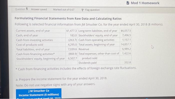  Formulating Financial Statements from Raw Data and Calculating Ratios Following is