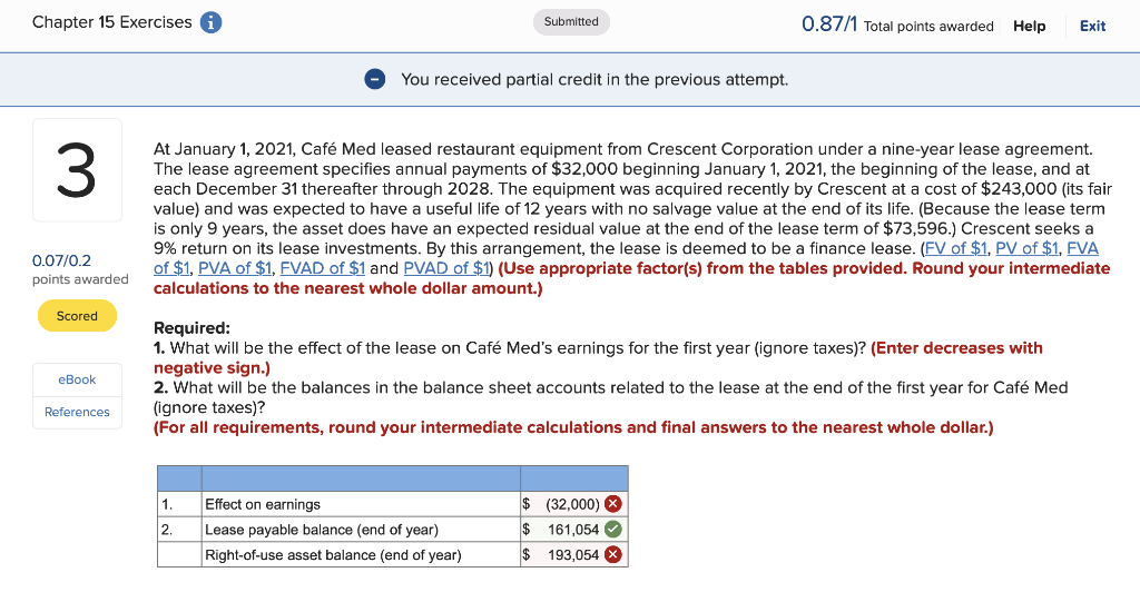  Chapter 15 Exercises A Submitted 0.87/1 Total points awarded Help Exit