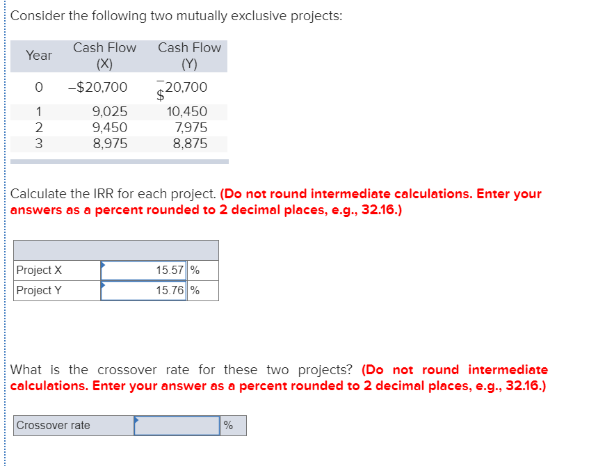 Consider the following two mutually exclusive projects: Cash Flow Cash Flow Year