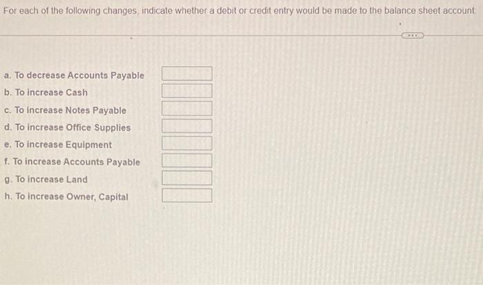  For each of the following changes, indicate whether a debit or