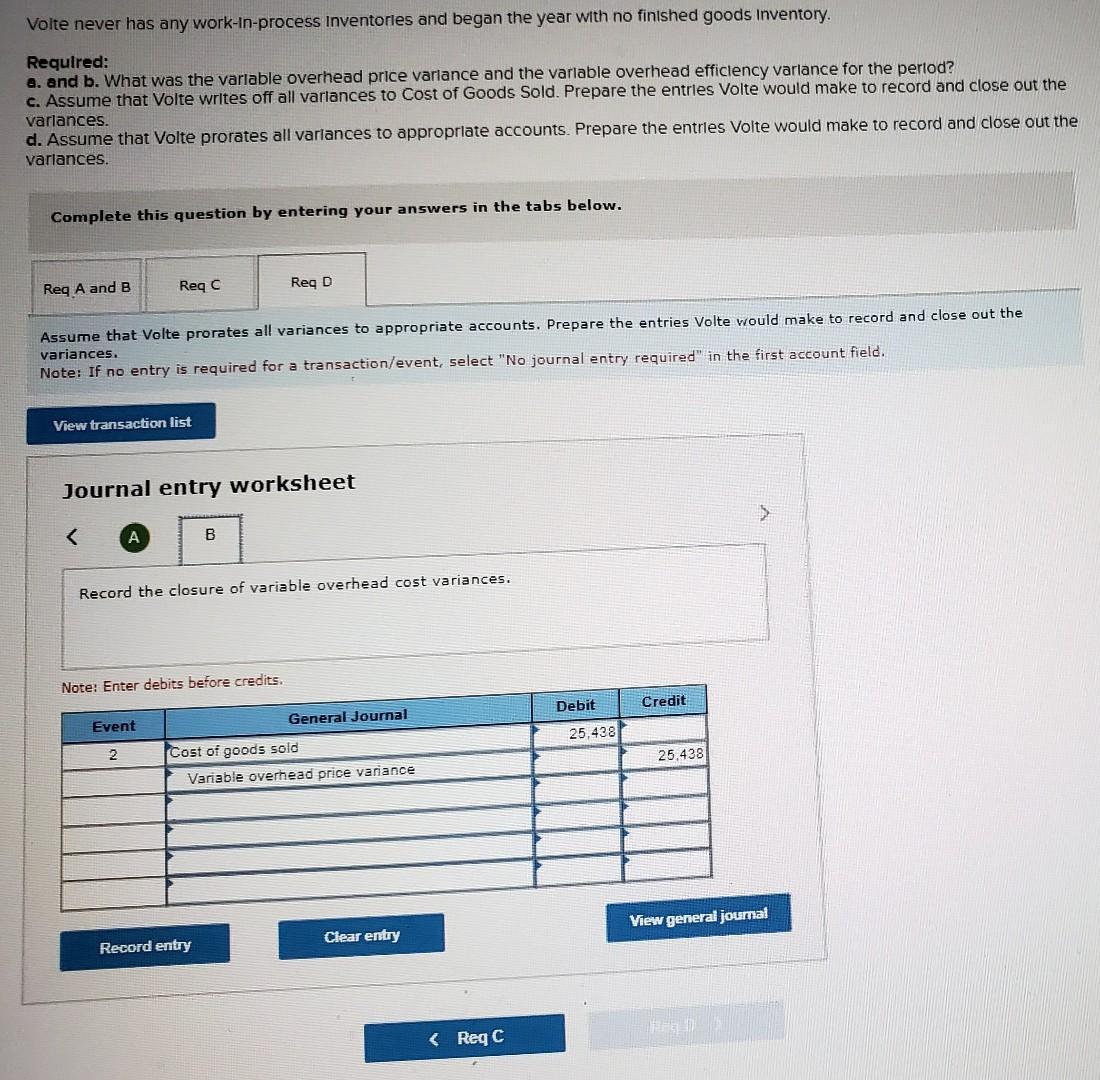 Volte never has any work-In-process Inventorles and began the year with no