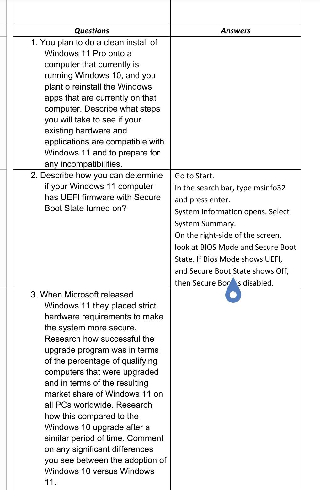 Questions 1. You plan to do a clean install of Windows 11