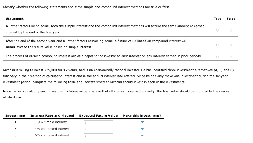  Identify whether the following statements about the simple and compound interest