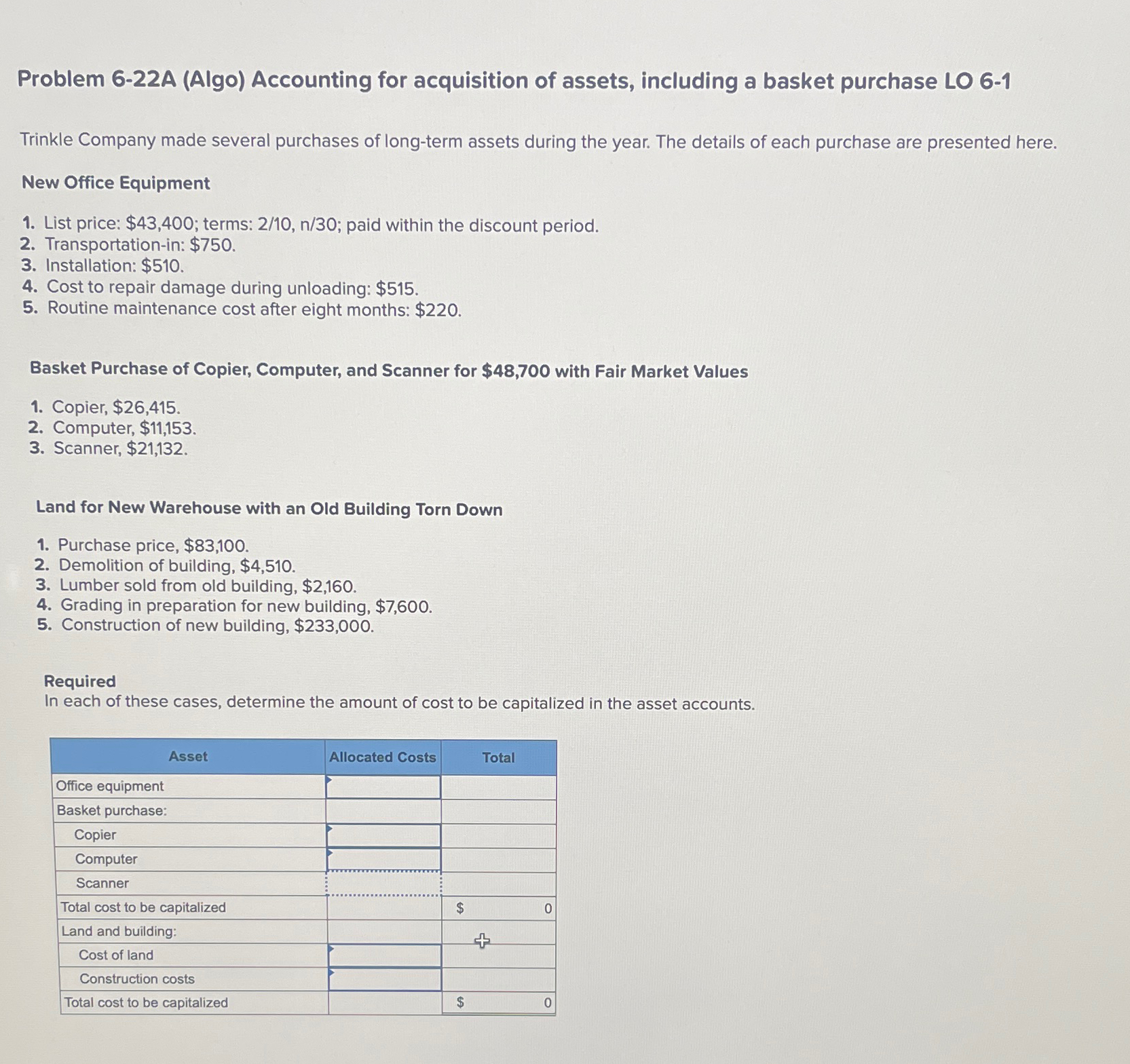 Problem 6-22A (Algo) Accounting for acquisition of assets, including a basket
