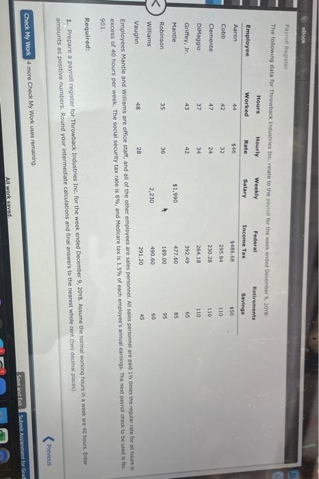  ebook Payroll Register The following data for Throwback Industries Inc. relate