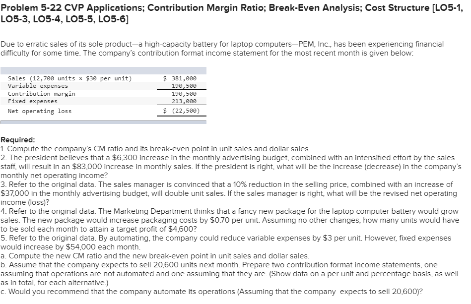 Problem 5-22 CVP Applications; Contribution Margin Ratio; Break-Even Analysis; Cost Structure