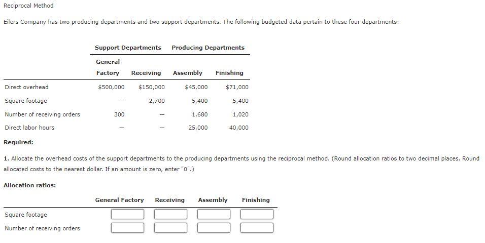  Reciprocal Method Eilers Company has two producing departments and two support