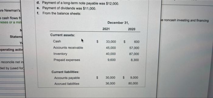 Prepare Newman's statement of cas 2. Evaluate the company's cash flows rationale
