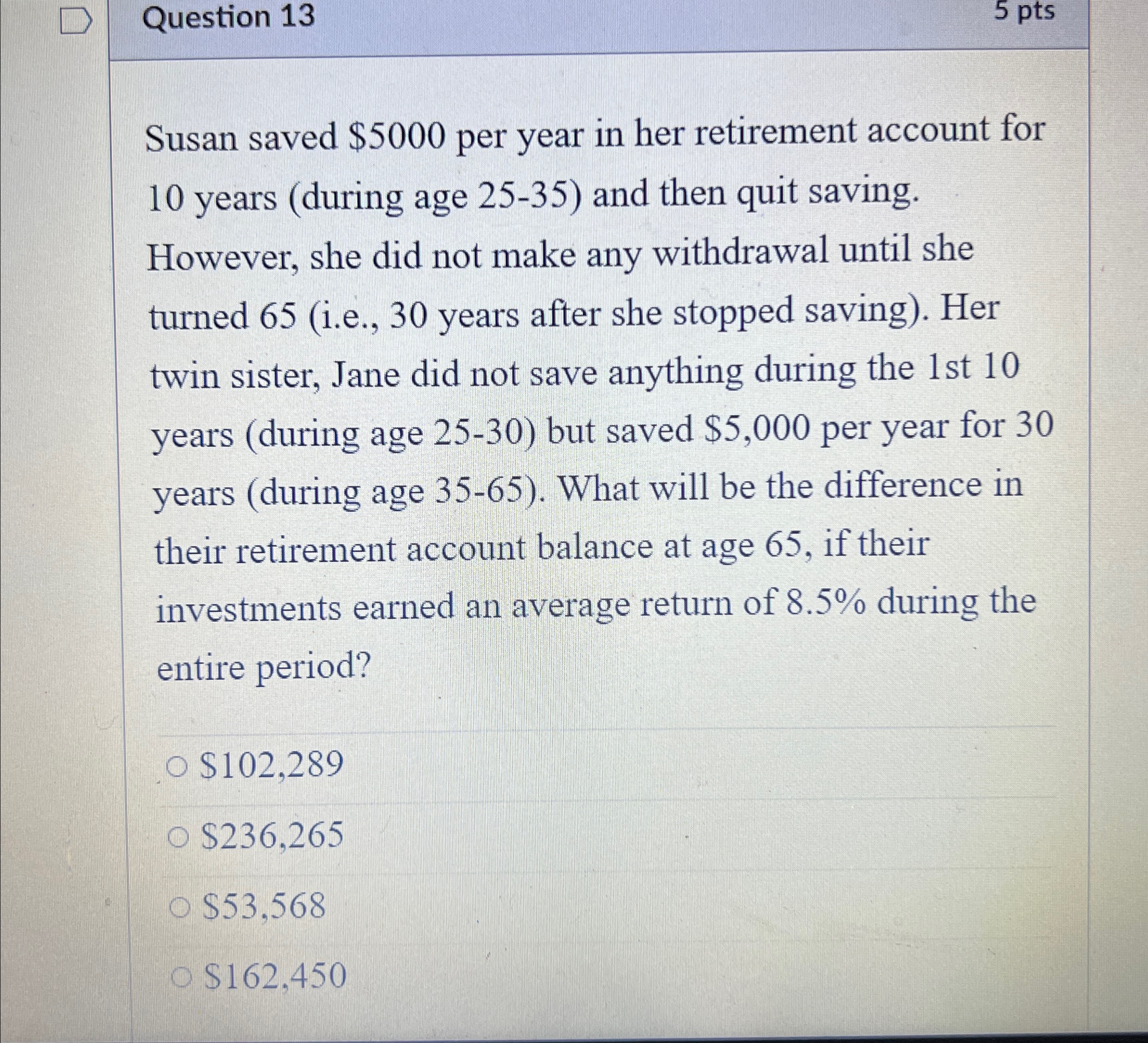  Question 13 5 pts Susan saved $5000 per year in her