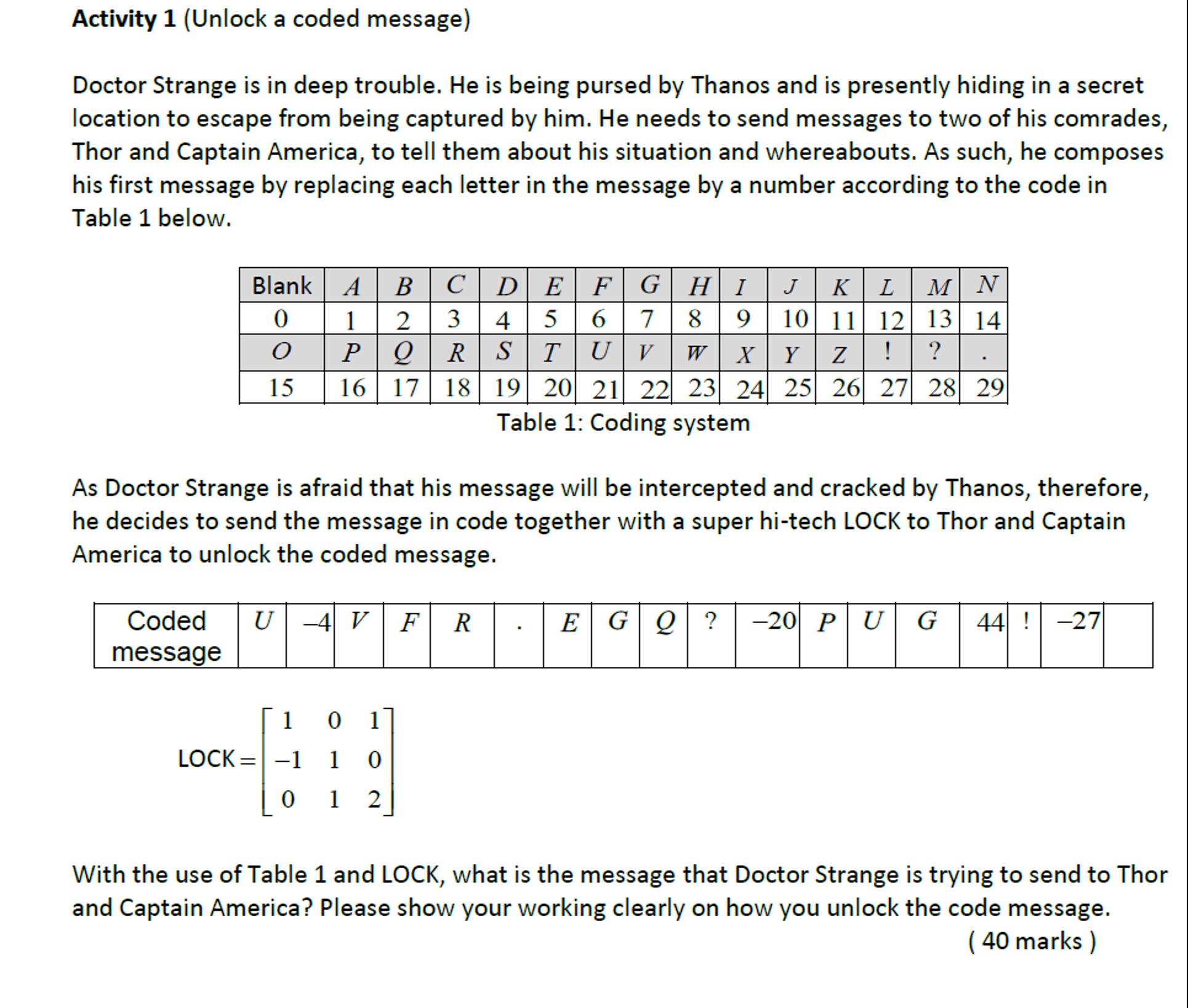  Activity 1(Unlock a coded message) Doctor Strange is in deep trouble.
