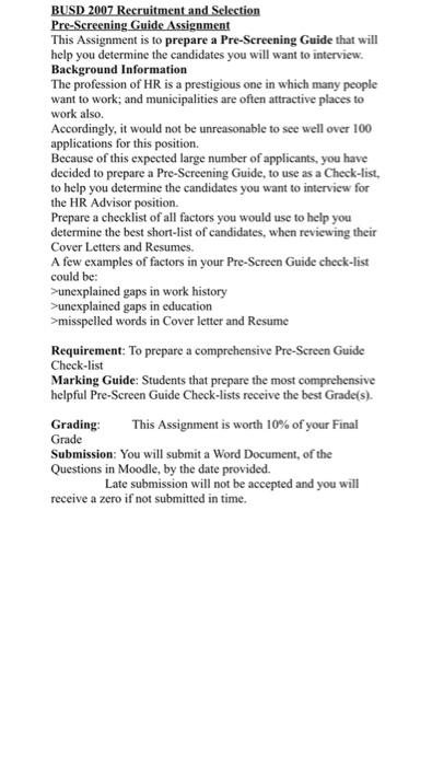  BUSD 2007 Recruitment and Selection Pre-Screening Guide Assignment This Assignment is