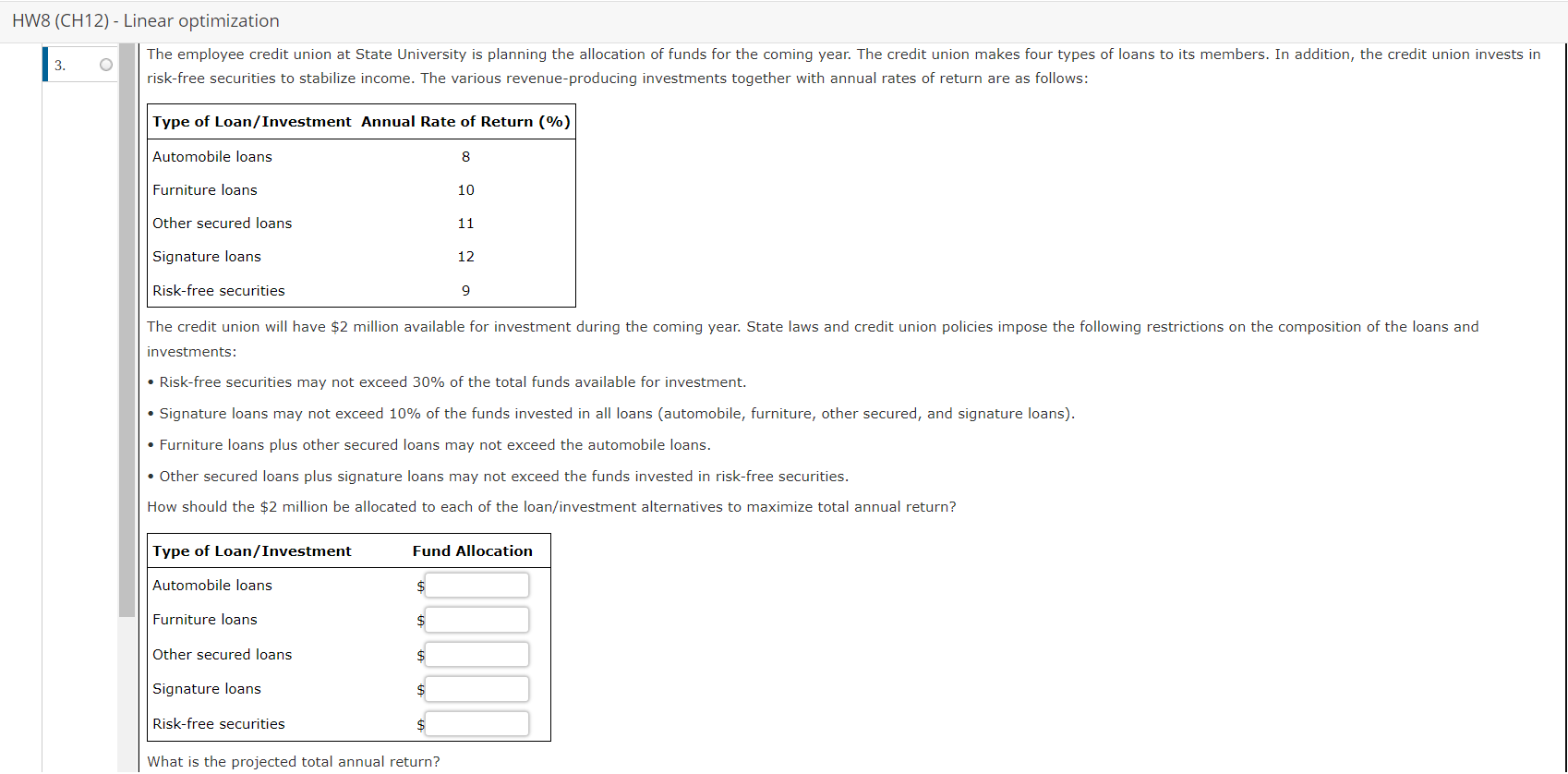  HW8(CH12)- Linear optimization risk-free securities to stabilize income. The various revenue-producing