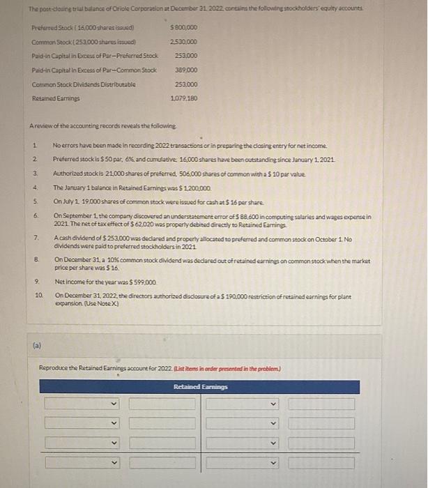 Unit 8 Assignment Q9a b c The post closing trial balance of