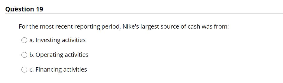Question 19 For the most recent reporting period, Nike's largest source