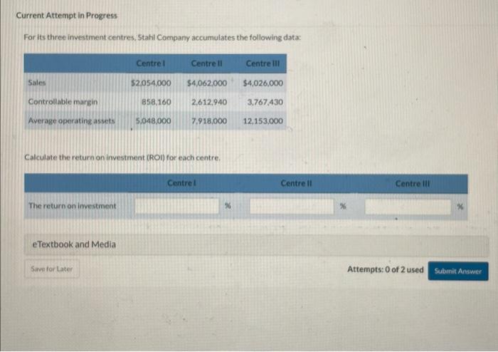  Current Attempt in Progress For its three investment centres, Stahi Company