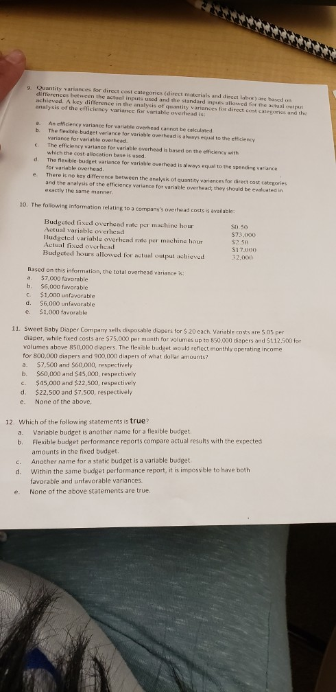 . Quantity variances for direct cost categories (direct materials and direct