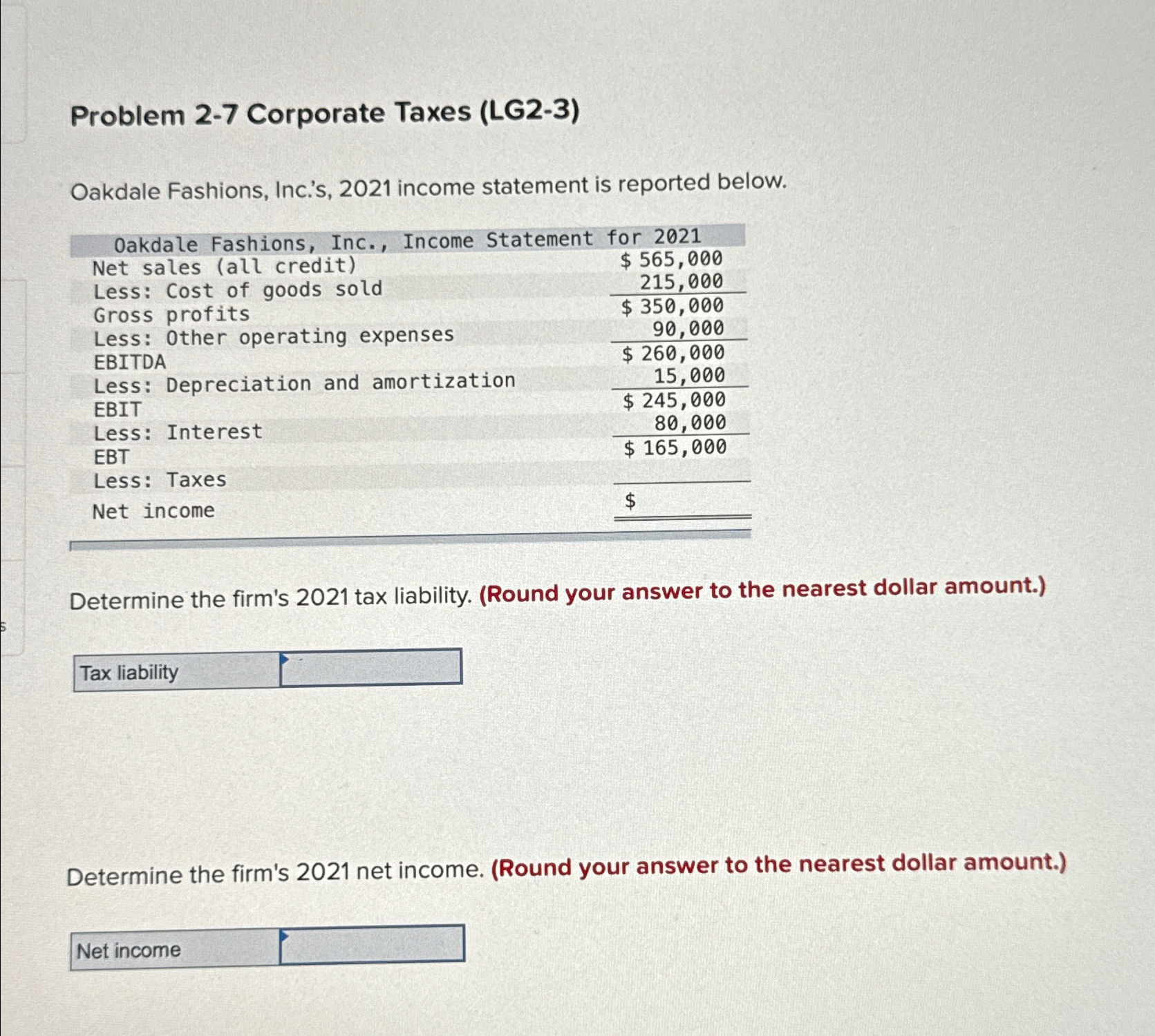  Problem 2-7 Corporate Taxes (LG2-3) Oakdale Fashions, Inc.'s,2021 income statement is
