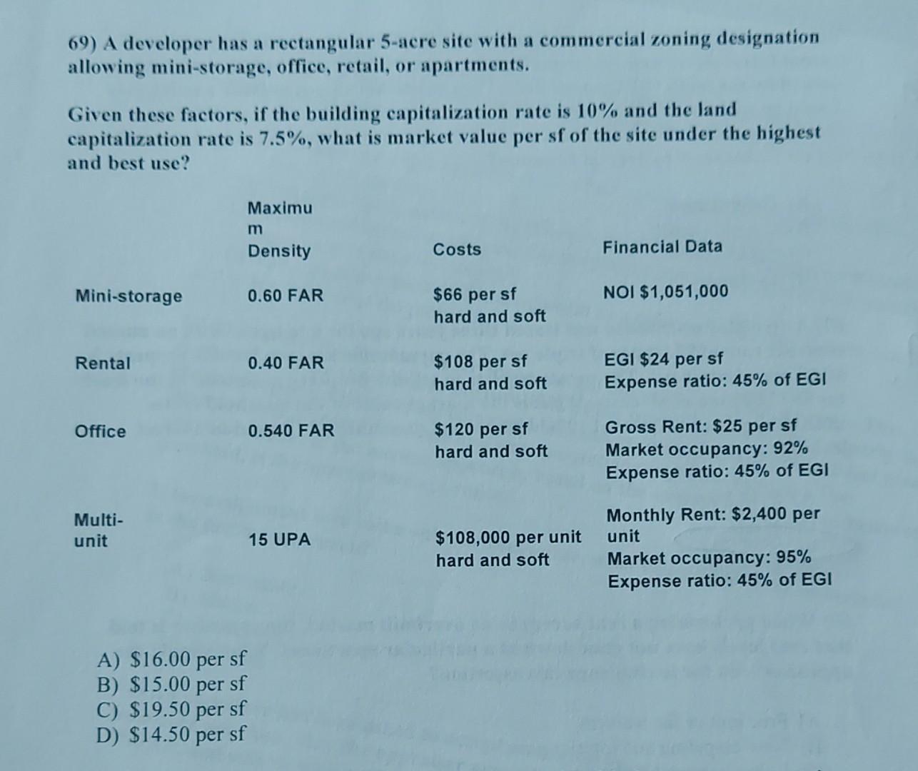 69) A developer has a rectangular 5-acre site with a commercial