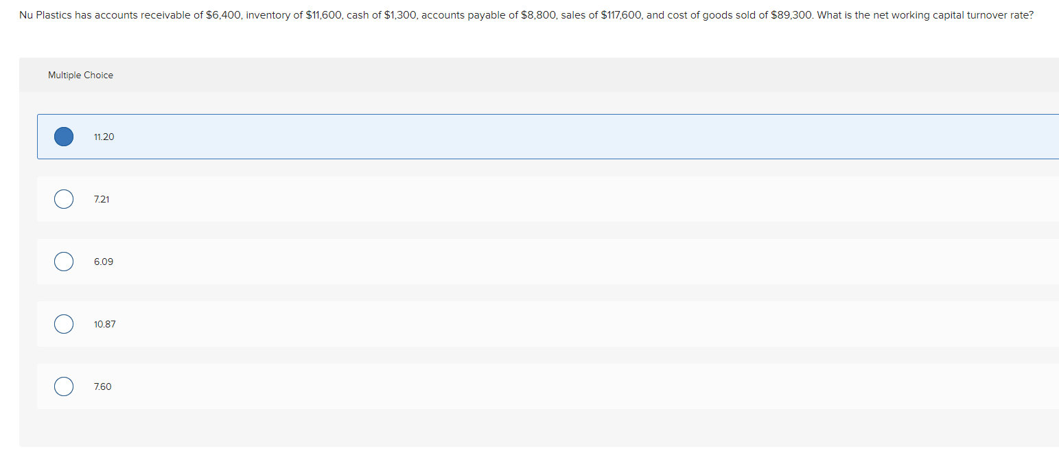 Nu Plastics has accounts receivable of $6,400, inventory of $11,600, cash of