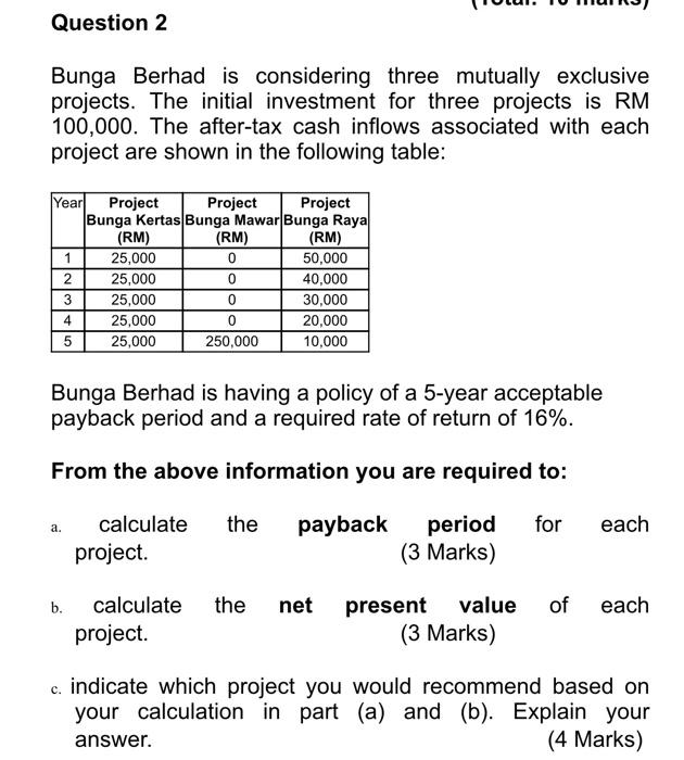  Question 2 Bunga Berhad is considering three mutually exclusive projects. The