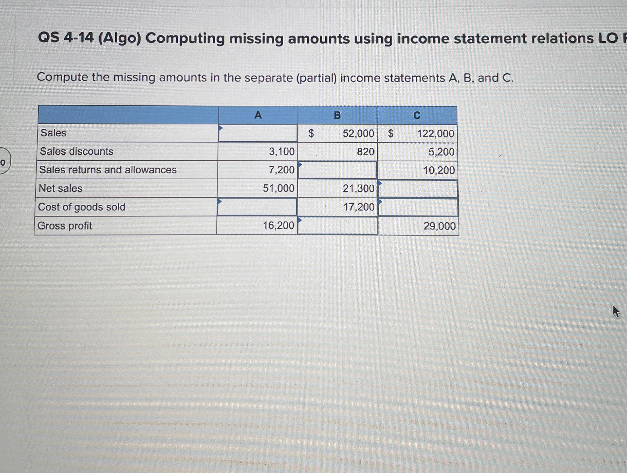  QS 4-14(Algo) Computing missing amounts using income statement relations LO Compute