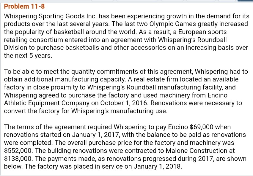 Problem 11-8 Whispering Sporting Goods Inc. has been experiencing growth in
