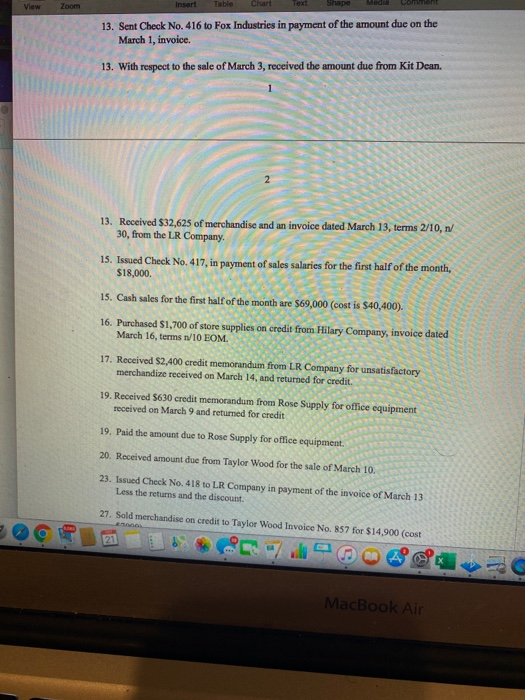 Company completes these transactions and events during March of the current year