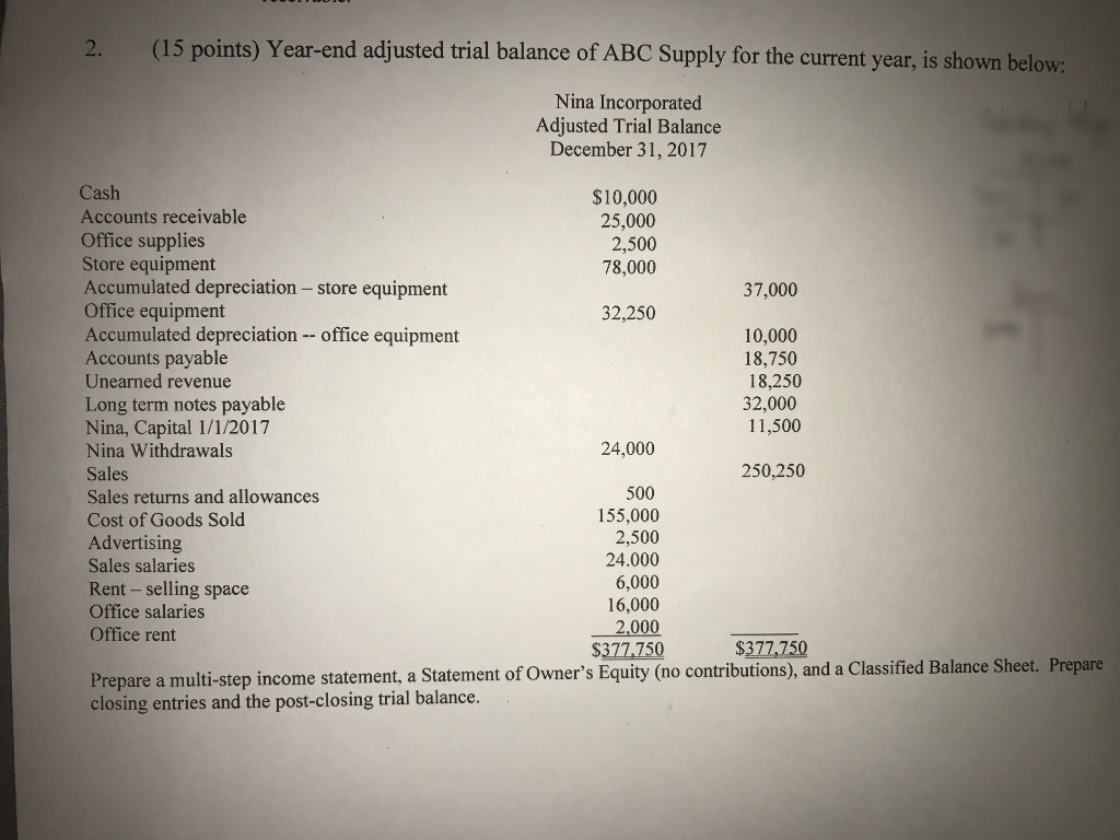 prepare a multi step income statement, a statement of owners equity (no