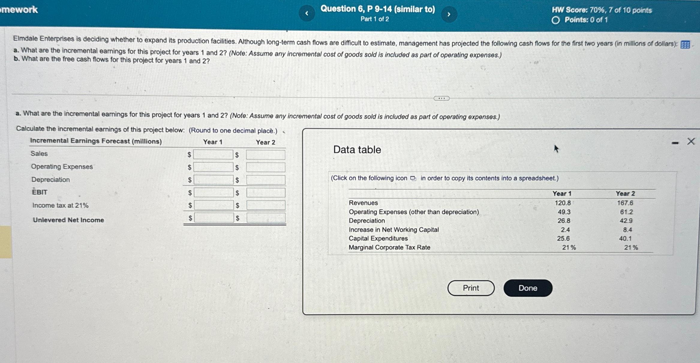  Question 6, P 9-14(similar to) HW Score: 70%,7 of 10 points