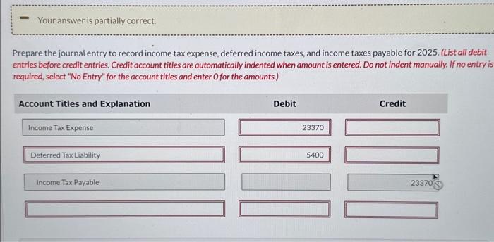 Prepare the income tax expense section of the income statement for 2025,