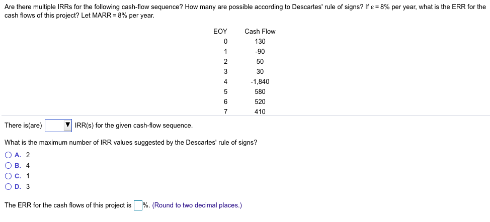Are there multiple IRRs for the following cash-flow sequence? How many