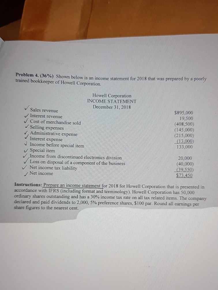 Problem 4. (36%) Shown below is an income statement for 2018