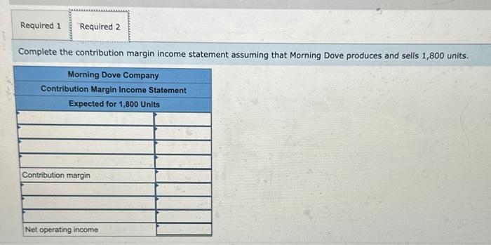 Morning Dove produces and sells 1,800 units. Complete this question by entering