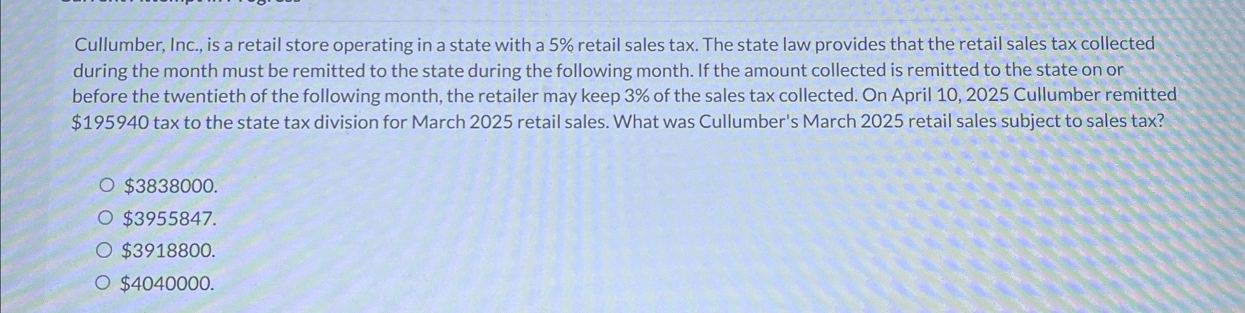  Cullumber, Inc., is a retail store operating in a state with