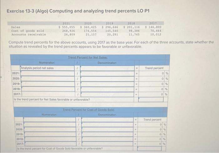  Exercise 13-3 (Algo) Computing and analyzing trend percents LO P1 Compute