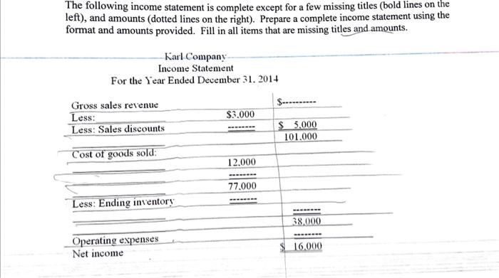 SHOW WORK The following income statement is complete except for a few