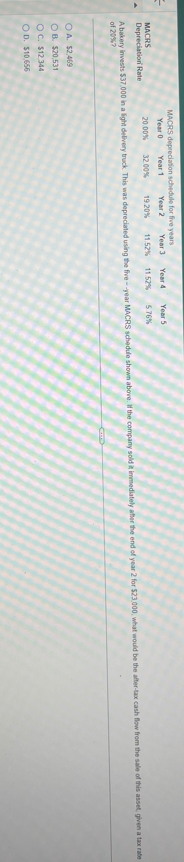  \table[[(nd,MACRS depreciation schedule for five years,Year 4,Year 5],[Year 0,Year 1,Year 2,Year