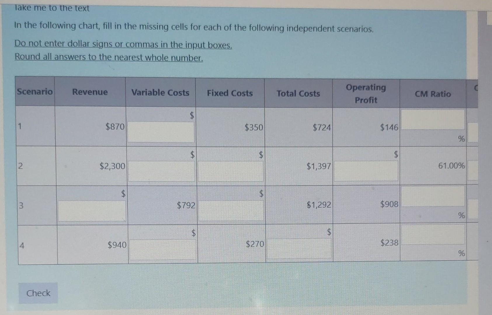  In the following chart, fill in the missing cells for each