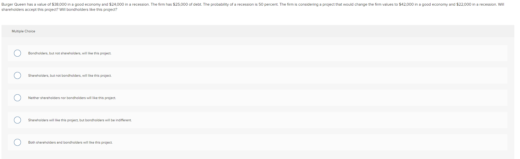 nareholders accept this project? Will bondholders like this project? Multiple Choice