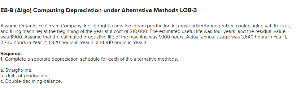  E8-9 (Algo) Computing Depreciation under Alternative Methods LO8-3 Assume Organic Ice