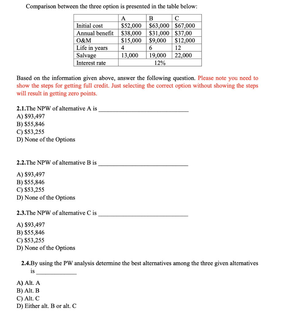 Please show work on Excel! Thank you! Comparison between the three option